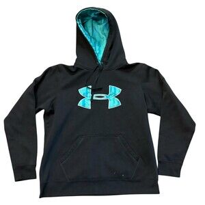 Under Armour Hoodie Mens L Black Teal Big Logo Pullover Loose Fit